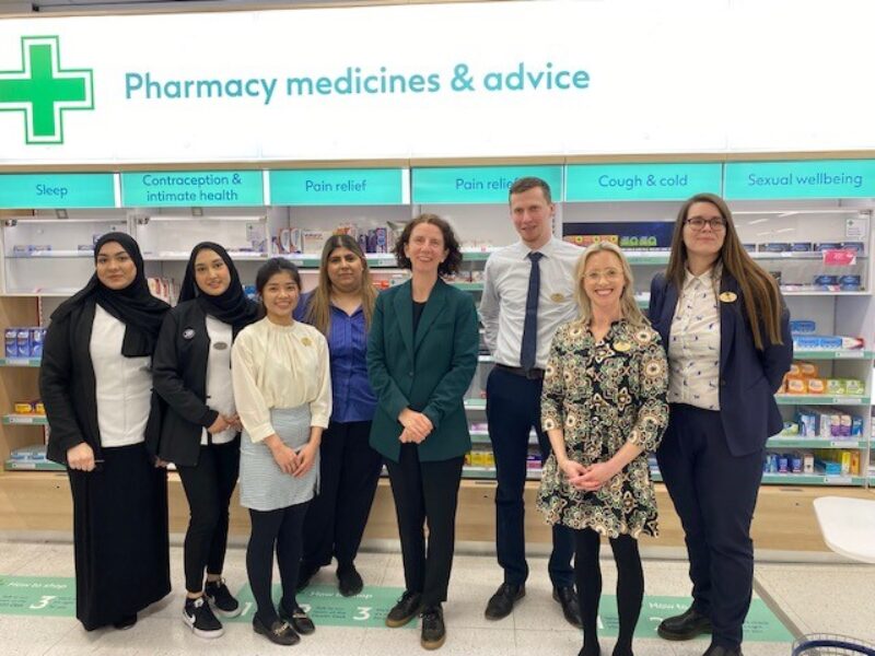 Anneliese Dodds with Boots Pharmacy staff at Oxford Retail Park